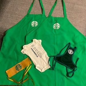 ⭐️Cute Starbucks set which includes: 2 adult aprons, 1 newborn onesie…